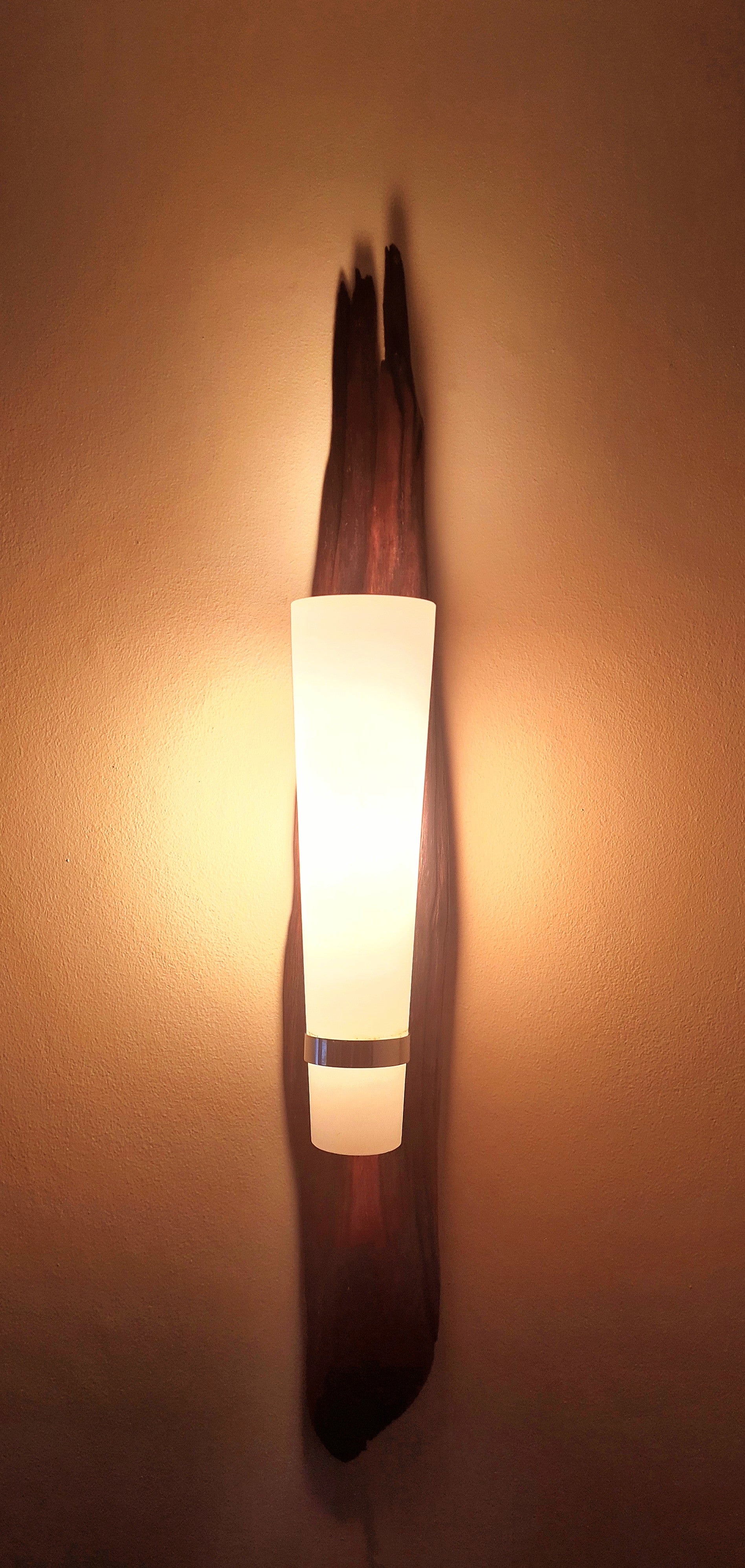 Wall-mounted light fixture with a cylindrical white shade on a beige wall.