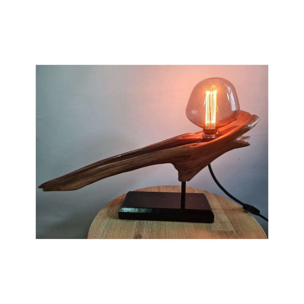 Wooden lamp with a glass bulb on a white background