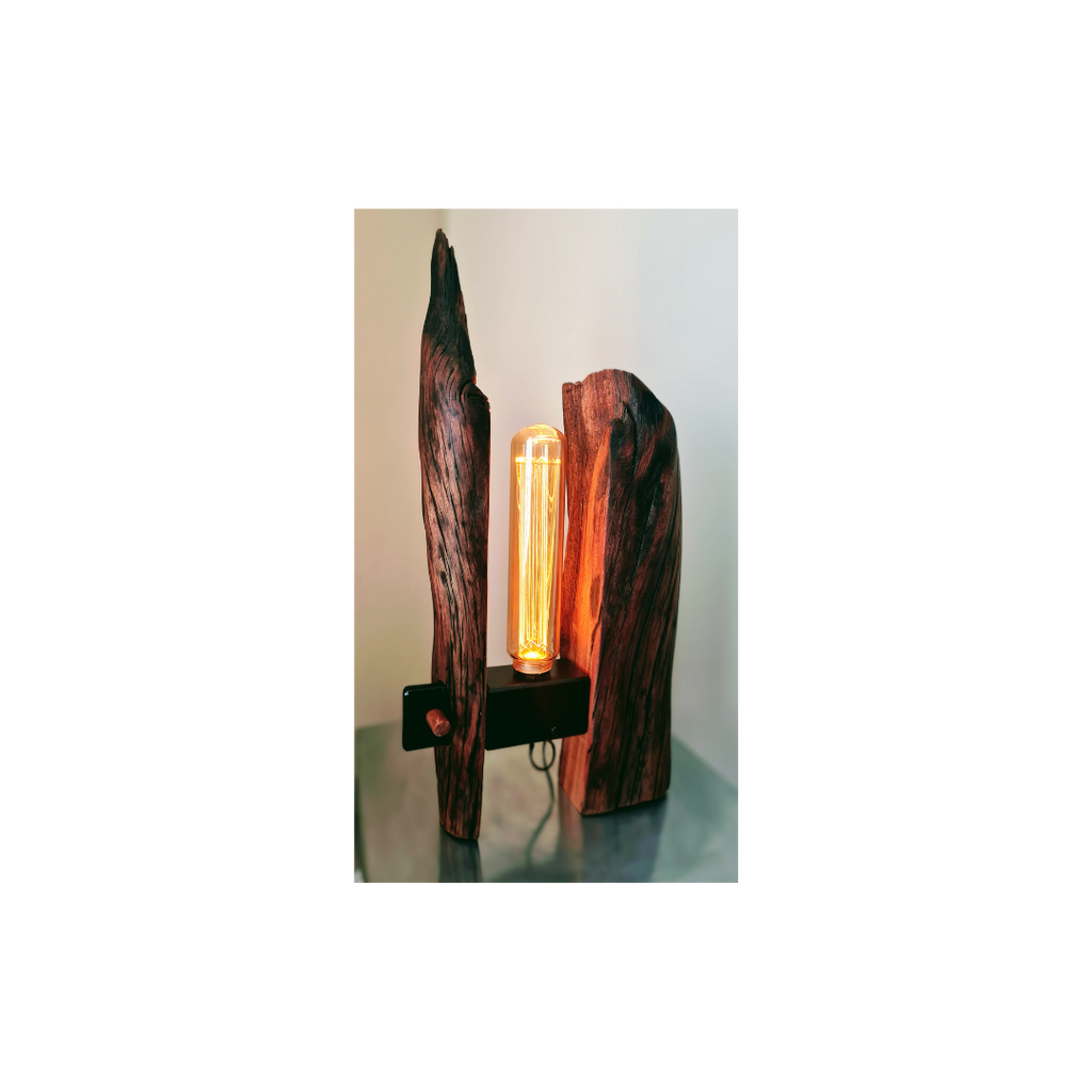 Wooden lamp with a unique design on a reflective surface