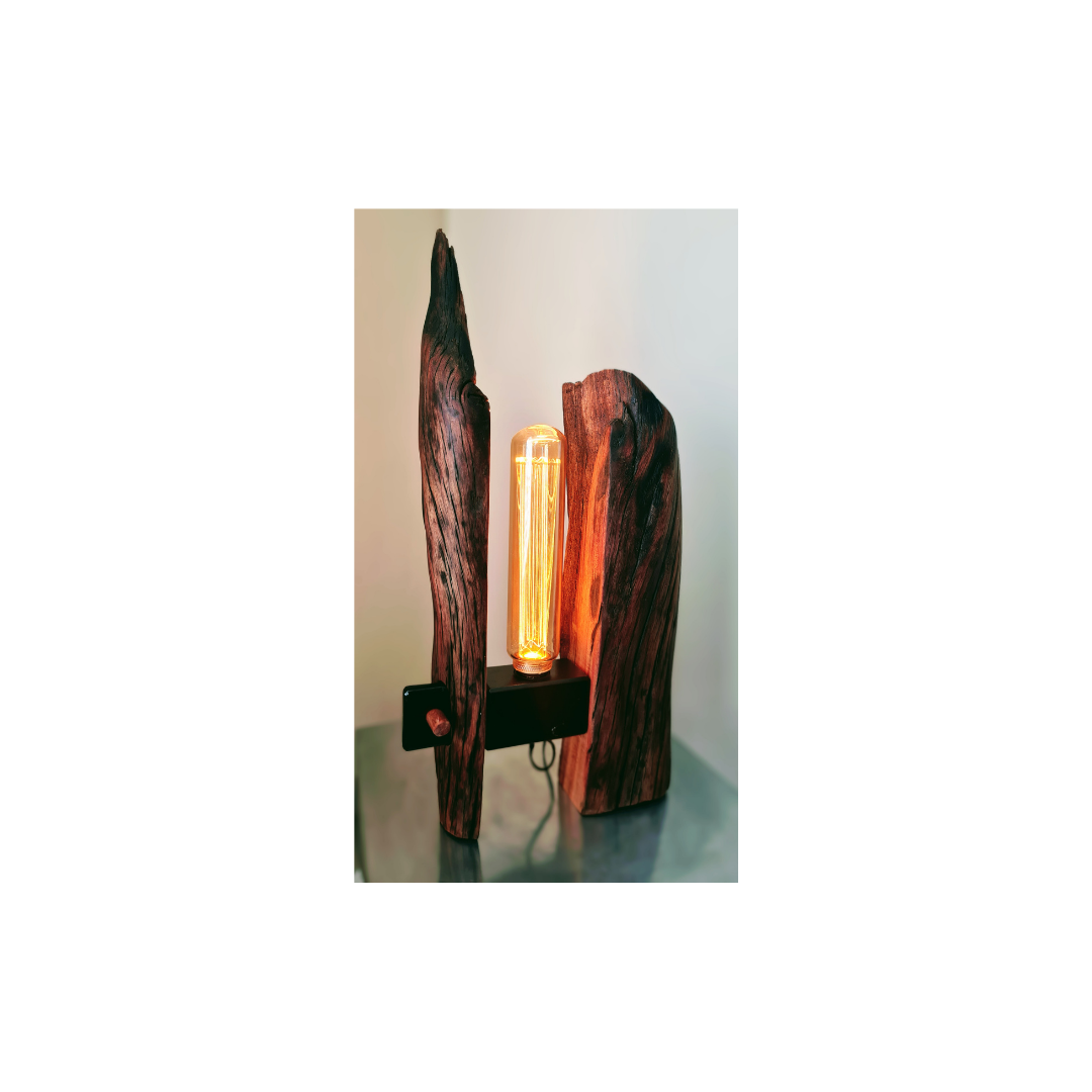 Wooden lamp with a unique design on a reflective surface