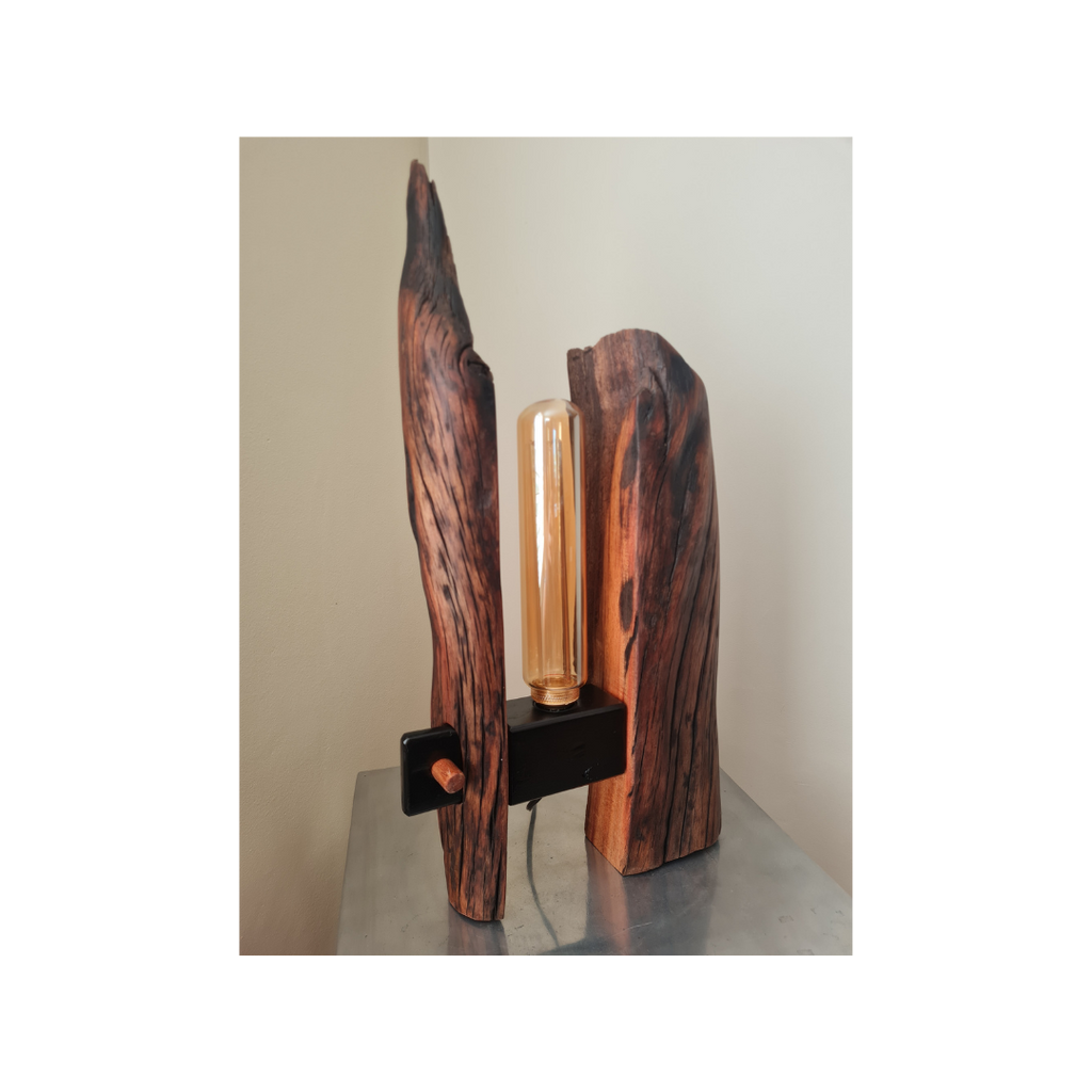 Wooden table lamp with a unique design on a neutral background