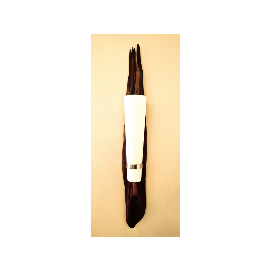 Decorative wall mounted lamp with a wooden finish and white shade on a beige background