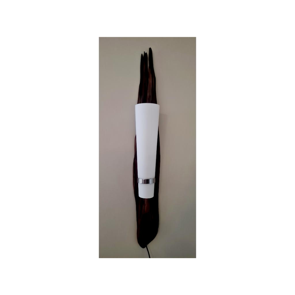 Decorative wall mounted lamp with a wooden finish and white shade on a beige background