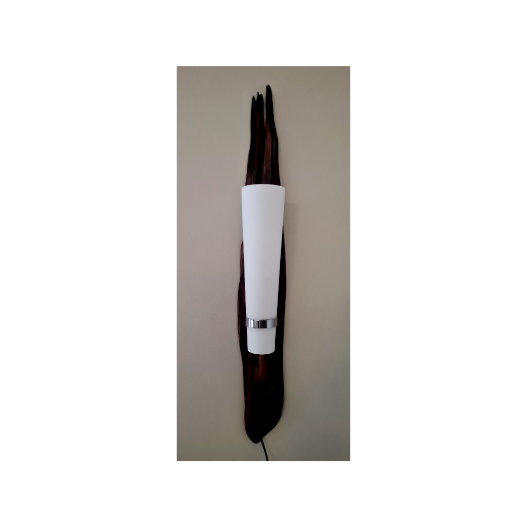 Decorative wall mounted lamp with a wooden finish and white shade on a beige background