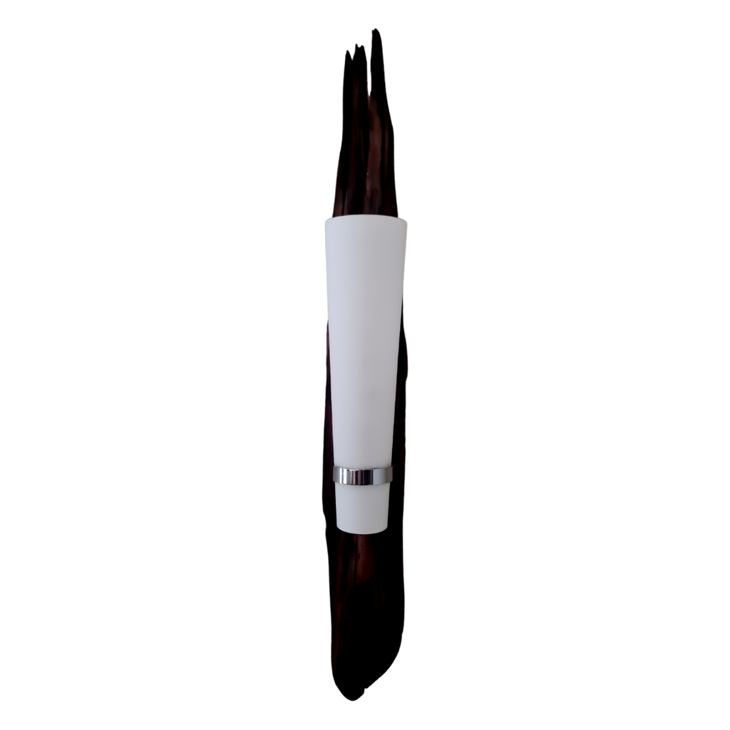 Decorative wall mounted lamp with a wooden finish and white shade on a beige background