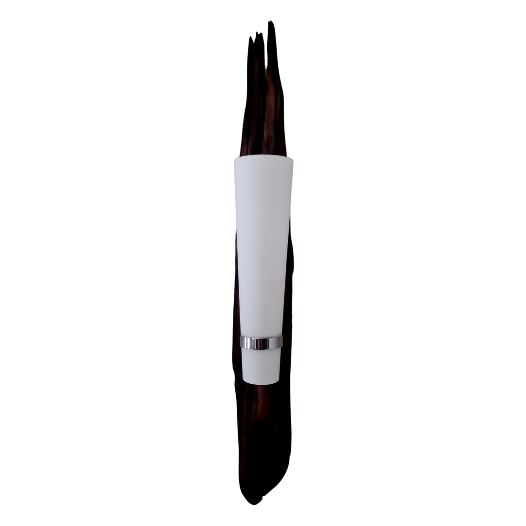 Decorative wall mounted lamp with a wooden finish and white shade on a beige background