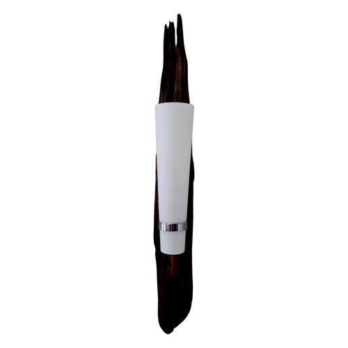 Decorative wall mounted lamp with a wooden finish and white shade on a beige background