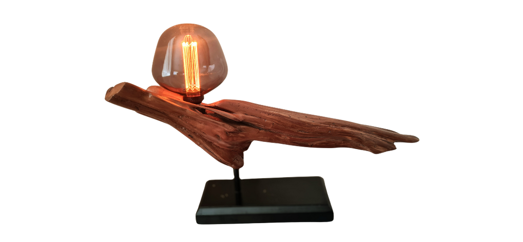Wooden lamp with a glowing light bulb on a white background