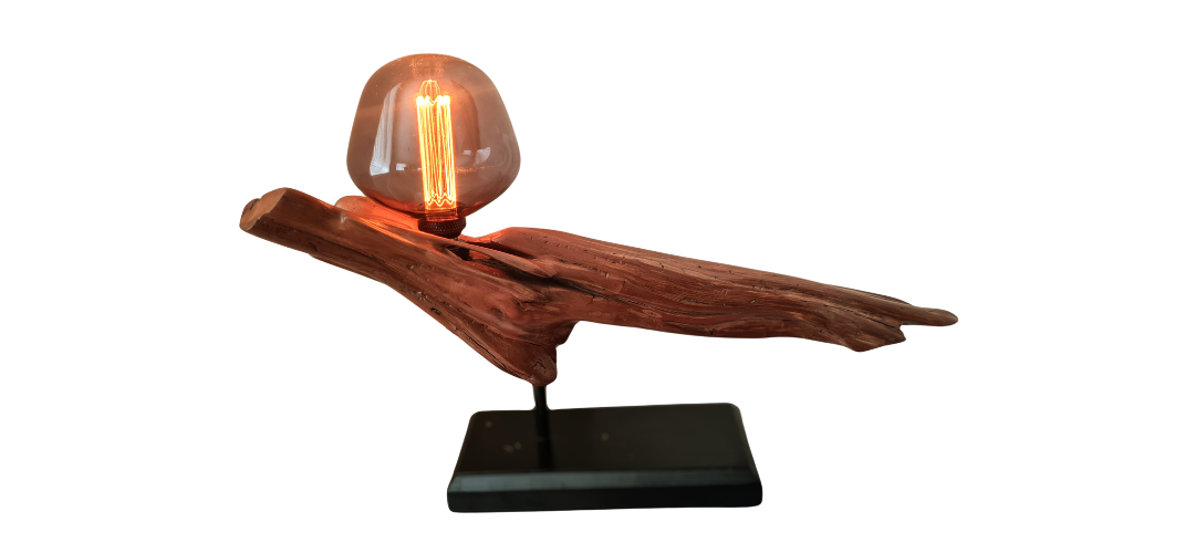 Wooden lamp with a glowing light bulb on a white background